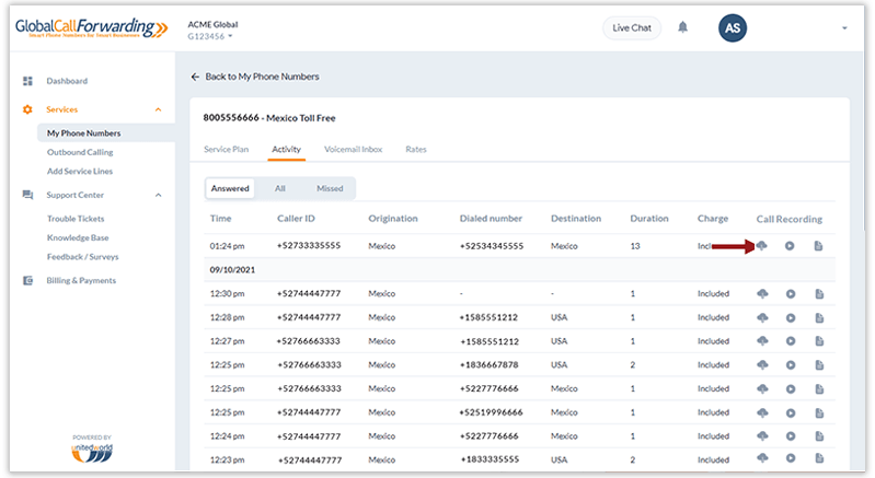 call recording in control panel